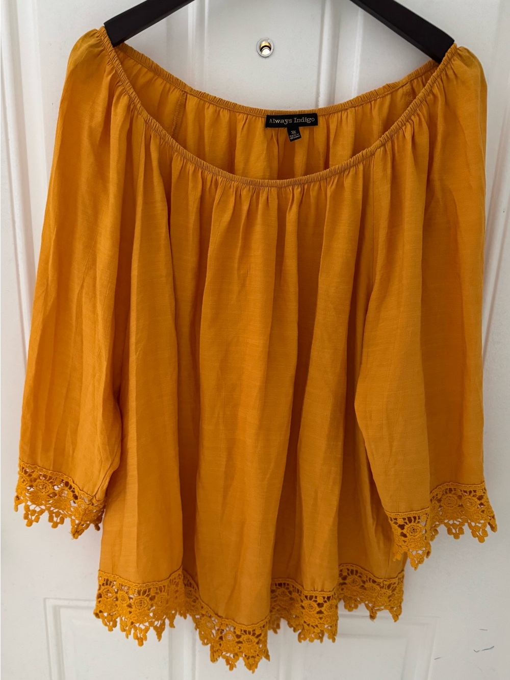Always Indigo Women's Mustard Off-Shoulder Crochet-Hem Tunic